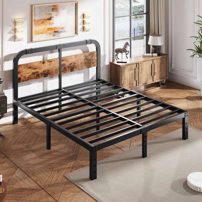 King Size Black Metal Platform Bed with 40-Inch Solid Wood Headboard, Underbed Storage, Noise-Free Support, No Box Spring Needed