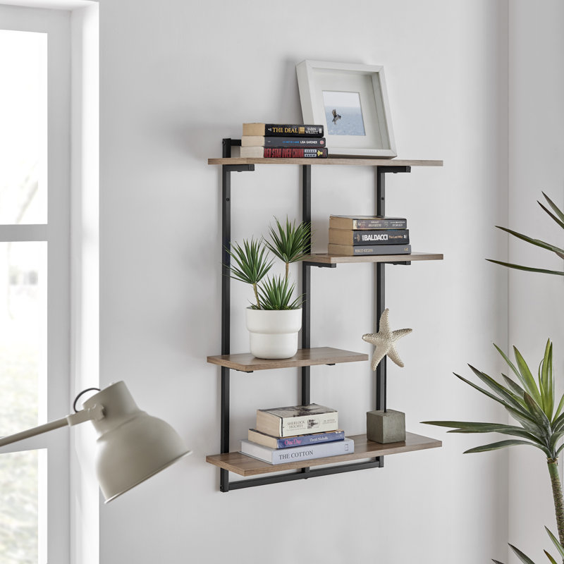 Rhodes 4 Tier Modern Floating Windowsill Wall Shelf, Black/Light Walnut