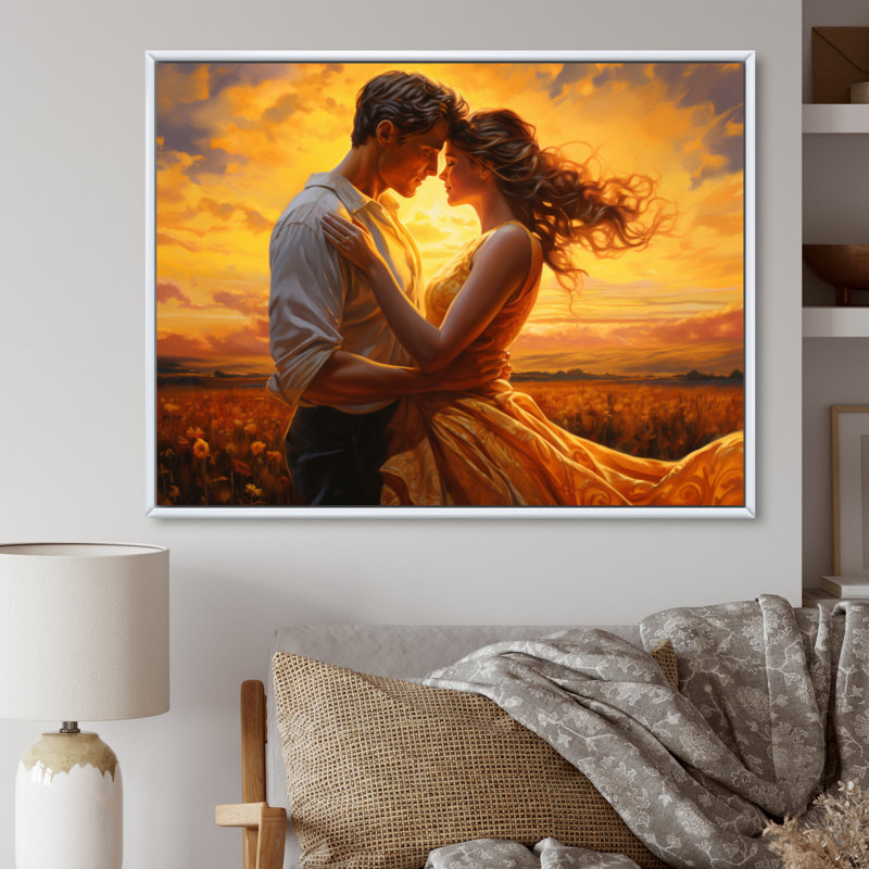 Kayzlyn, Couple romantique, paysage, Étreinte lumineuse II, H 34 po x l 44 po x P 1,5 po, Cadre flottant blanc