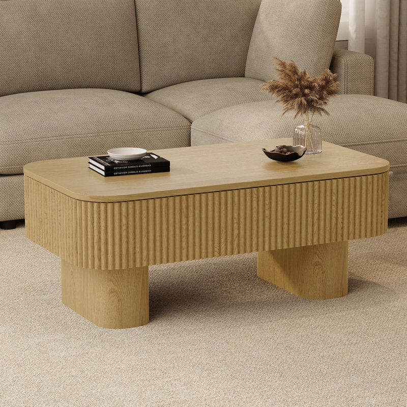 Table basse cannelée rectangulaire en bois avec rangement, Naturel