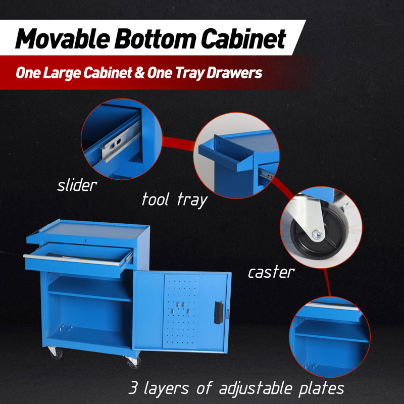 Coffre à outils, armoire de rangement à outils à 5 tiroirs avec coffre à outils amovible, doublure, roues verrouillables universelles, tablette réglable, mécanisme de verrouillage, chariot à outils en métal pour atelier de garage