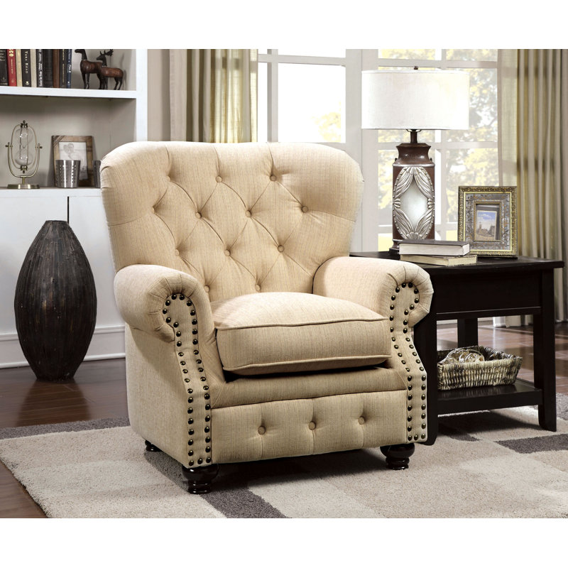 Fauteuil en lin capitonné de 93,98 cm de large Mireya, Ivoire
