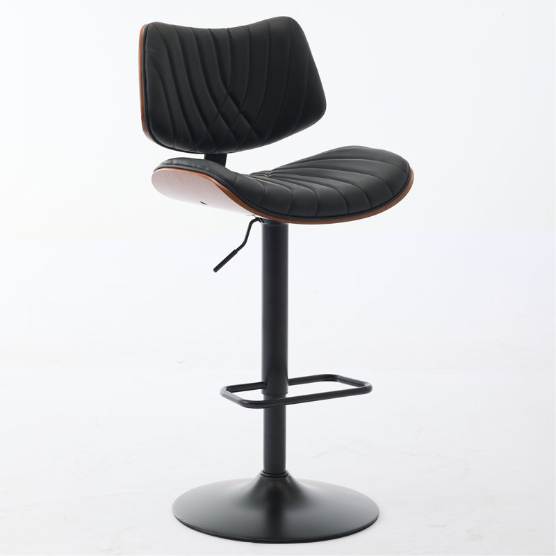 Tabourets de bar en bois cintré noyer noyer Mid-Century à hauteur de comptoir réglable en cuir noir, pivotant à 360 °, pour îlot de cuisine / salle à manger / café, 1 chaise / 1 carton