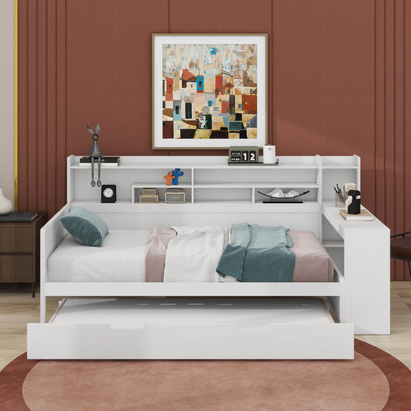 Lit de jour avec lit gigogne et bureau d'étude, Simple, Blanc antique