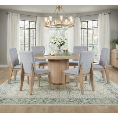 Caspian 7-Piece Dining Set With 59" Round Oak Finish Table & 6 Gray Upholstered Dining Chairs