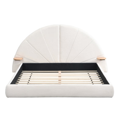 Queen Size Beige Unique Arched Boucle Bed - Bouclé, Comfortable And Skin , Floor Standing For Stability, Adapt To Nordic Simple Bedroom Styles Bed, Sized, With Small Table Standing, Suitable