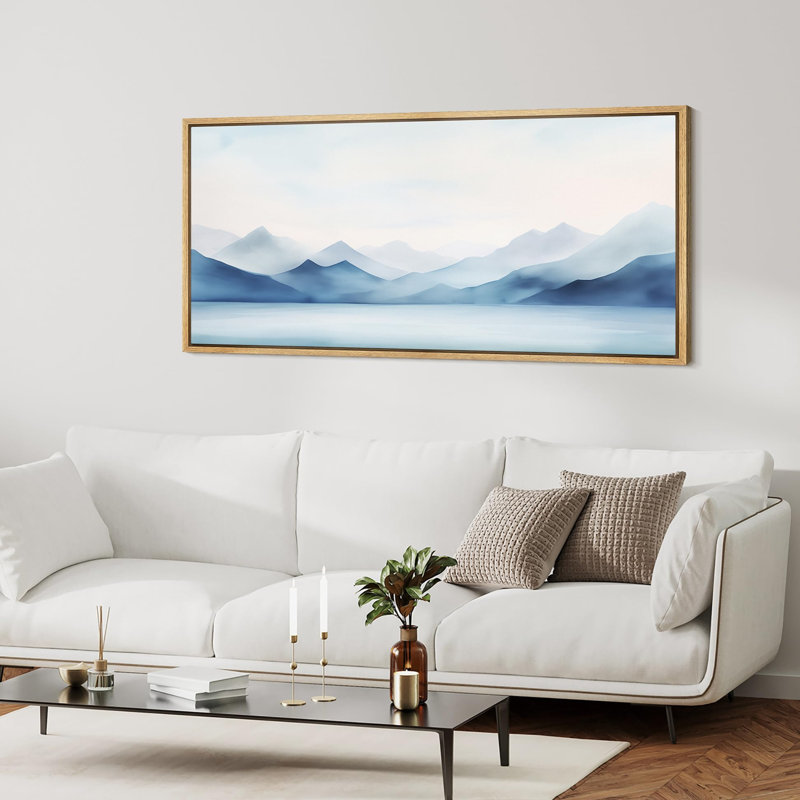 «Minimal Landscape Tranquil Hues Soft Blue Mountain Range», reproduction sur toile encadrée, H 30 po x l 60 po, Naturel