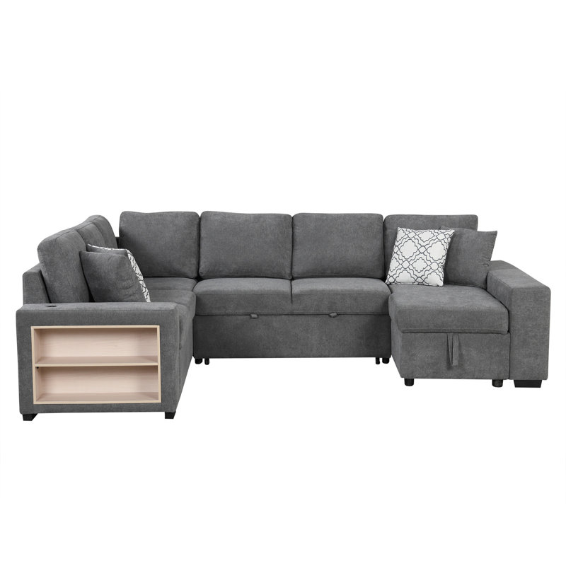 Canapé-lit modulaire en U de 109 po avec deux ports USB, une méridienne de rangement et quatre coussins de dossier pour le salon, gris