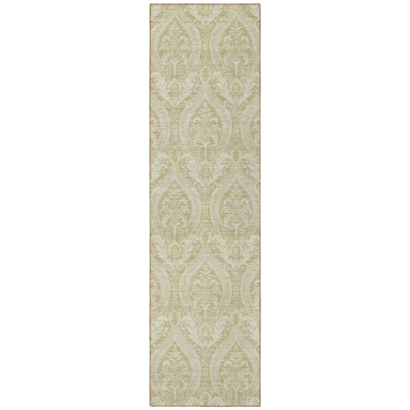 8' Runner Light Green Damask Washable Non Skid Indoor Outdoor Runner Rug