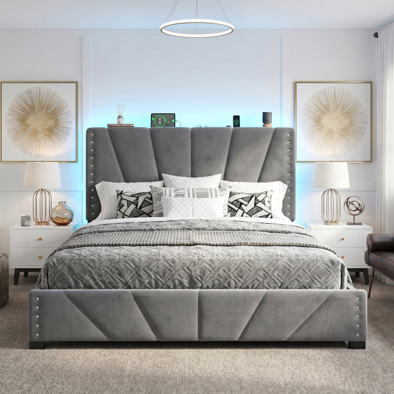 Lit plateforme de rangement double entièrement recouvert de velours avec tête de lit réglable en hauteur, éclairage DEL, station de recharge et espace de rangement sous le lit de 30 cm (11,8 po), sans sommier requis.