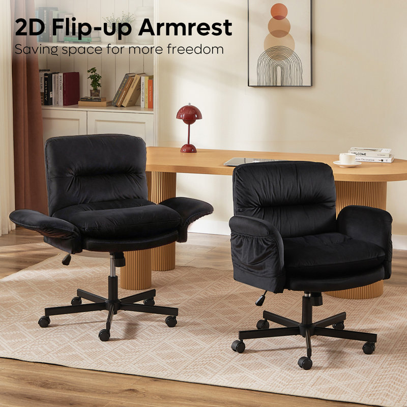 Black Velvet Cross-Legged Office Chair with Flip-up armrests,Swivel Criss Cross Executive Chair with 2 Side Pockets, Modern Vanity Chair with Wheels