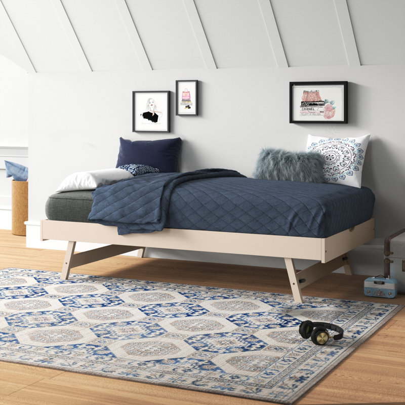 Alhamdi Solid Wood Pop Up Bed with Mattress, White/Linen Aqua