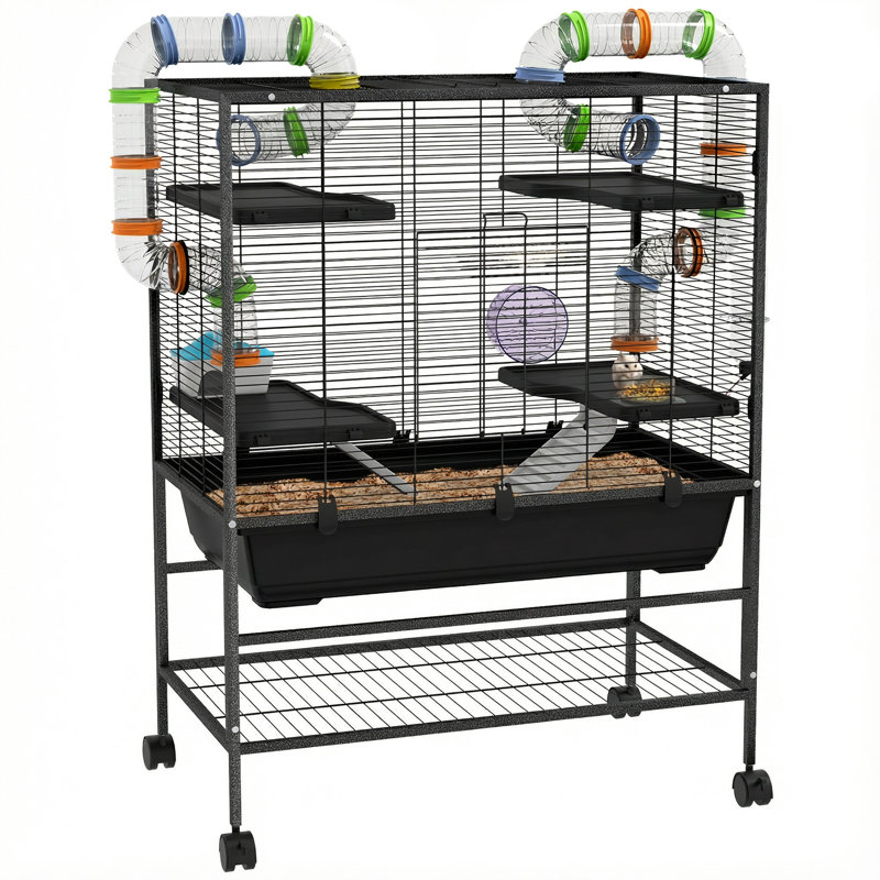 32" Large Hamster Cage On Wheels, Rat Cage For Syrian Hamster, Dwarf Hamster, Gerbils, With Tubing System, Storage Shelf, Running Wheel, Food Dish, Water Bottle