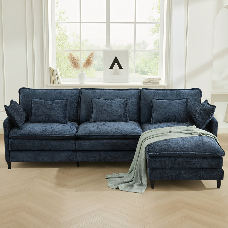 4-Piece 110.6" Chenille Modular Upholstered Sectional Sofa Deep Seat Cloud Couch With Ottoman, Blue Chenille