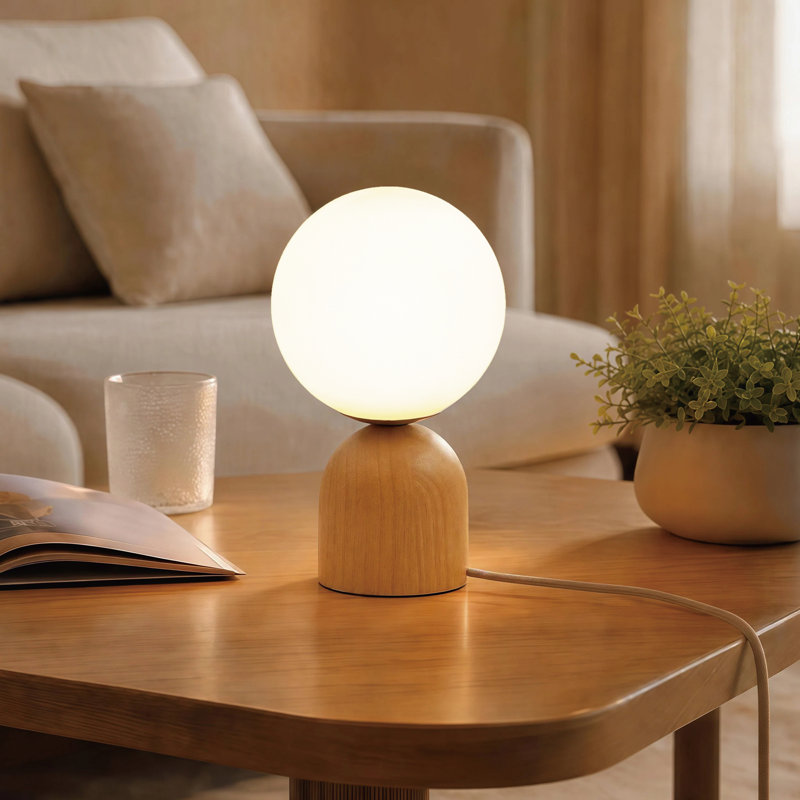 Lampe de table moderne en bois massif 9,84 "avec abat-jour globe en verre opale et gradateur certifié UL cULus pour la chambre à coucher, le salon, le bureau personnel ou la salle d'étude