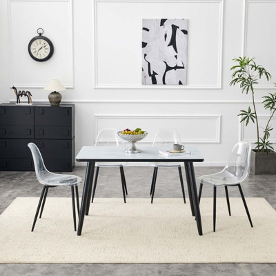 Modern Dining Set with Imitation Marble Glass Top and Transparent Chairs