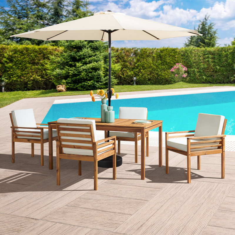 Arjay 8 Pc Patio Dining Set Wood One 63" Table Chairs With Cushions And 1 10-Foot Tilt Umbrella, White, 4
