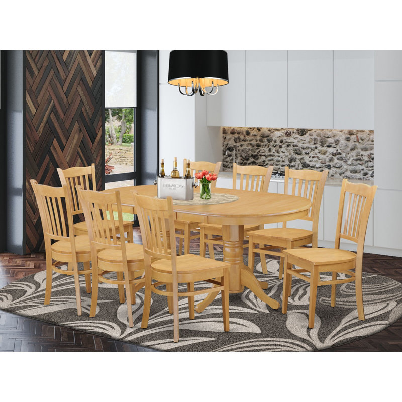9 Piece Dining Table Set Includes an Oval Wooden Table with Butterfly Leaf and 8 Dining Room Chairs, Oak