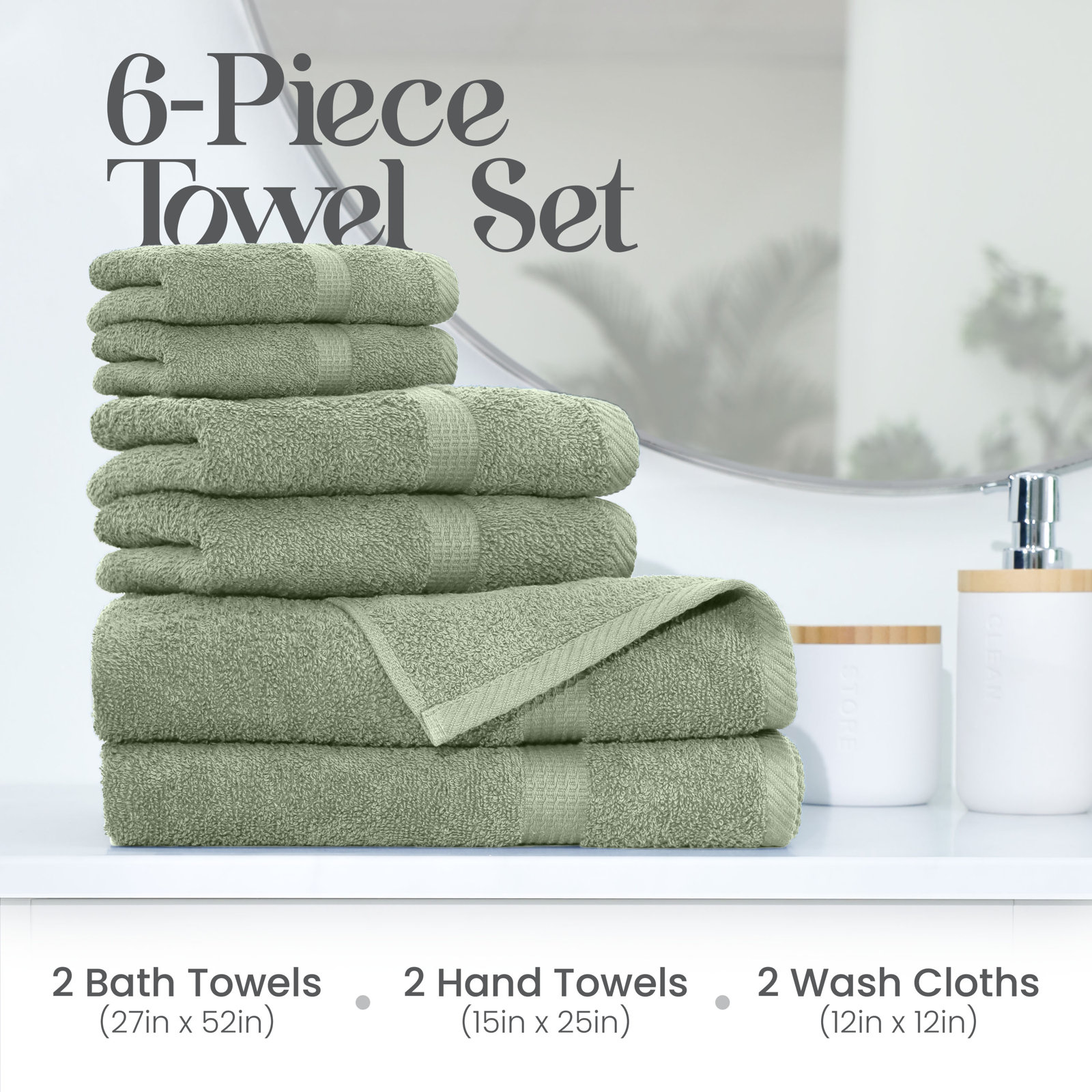 Essentials 6-Piece Bath Towel Set, Basil