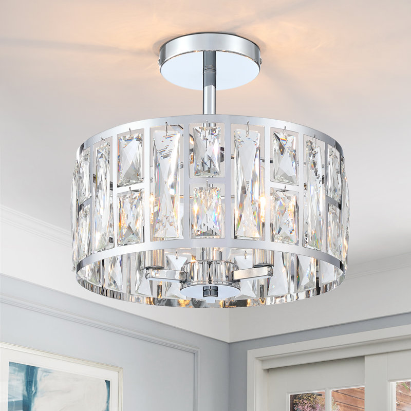 Plafonnier semi-encastré à 3 lumières de 30 cm de large avec cristaux, fini nickel poli et abat-jour cylindrique, idéal pour la chambre et le hall d'entrée.