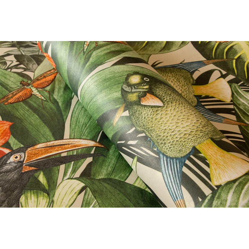 Matamoros Palau Floral Fish And Bird Inspired 8.5 m x 70cm Wallpaper Roll, Avocado