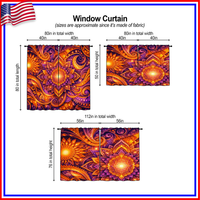 Rideaux de fenêtre à motif de mandala éclatant diaphane et obscurcissant - 2 panneaux, 40in x 80in - 2 panels
