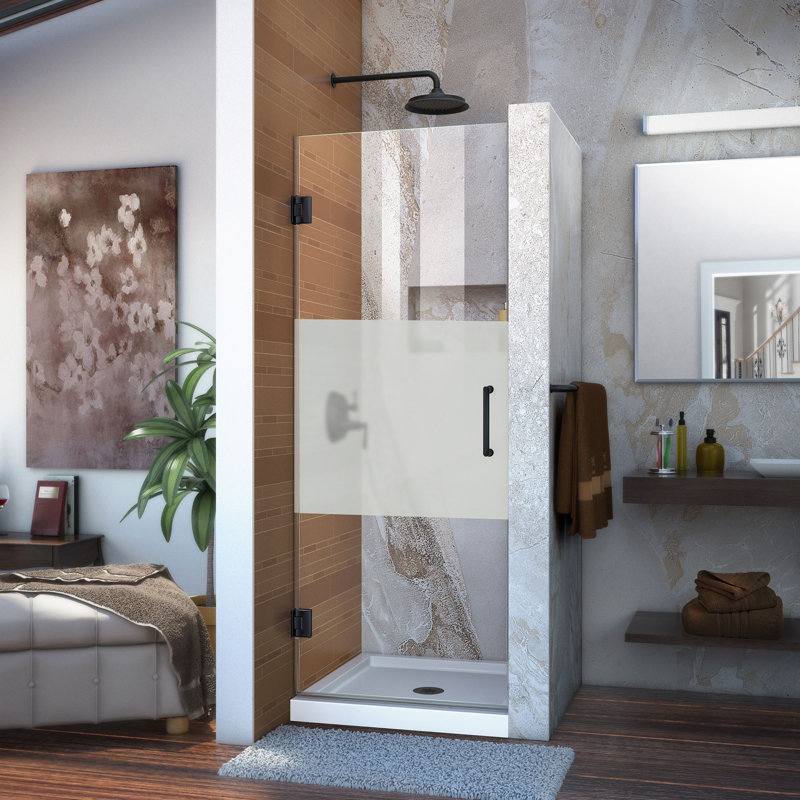 Unidoor 24" W x 72" H Hinged Frameless Shower Door with ClearMax™ Technology, Clear Glass, Matte Black