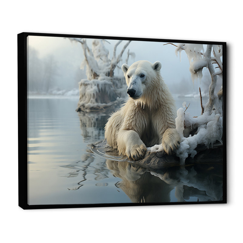 Ours blanc polaire - impression, Cadre flottant noir, H 30 po x l 40 po x P 1,5 po
