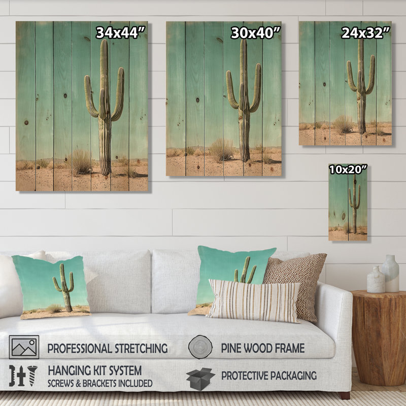 Cactus minimaliste et ciel du désert II - décoration murale en bois de cactus floral - sur bois de pin naturel