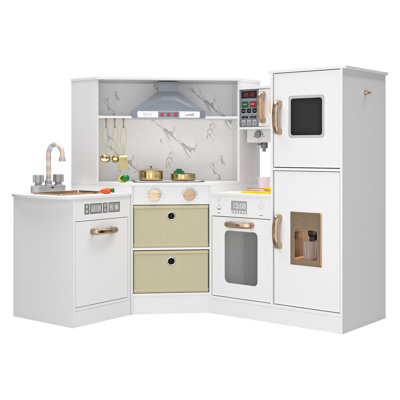 Play Kitchen Toy Set, Wooden Kids Kitchen Playset With Real Lights & Sounds
