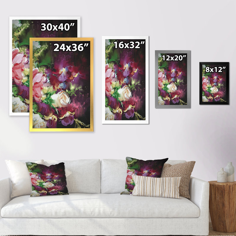Abstrait bouquet de fleurs roses abstraites - reproduction sur toile, Cadre noir, H 20 po x l 12 po x P 1 po