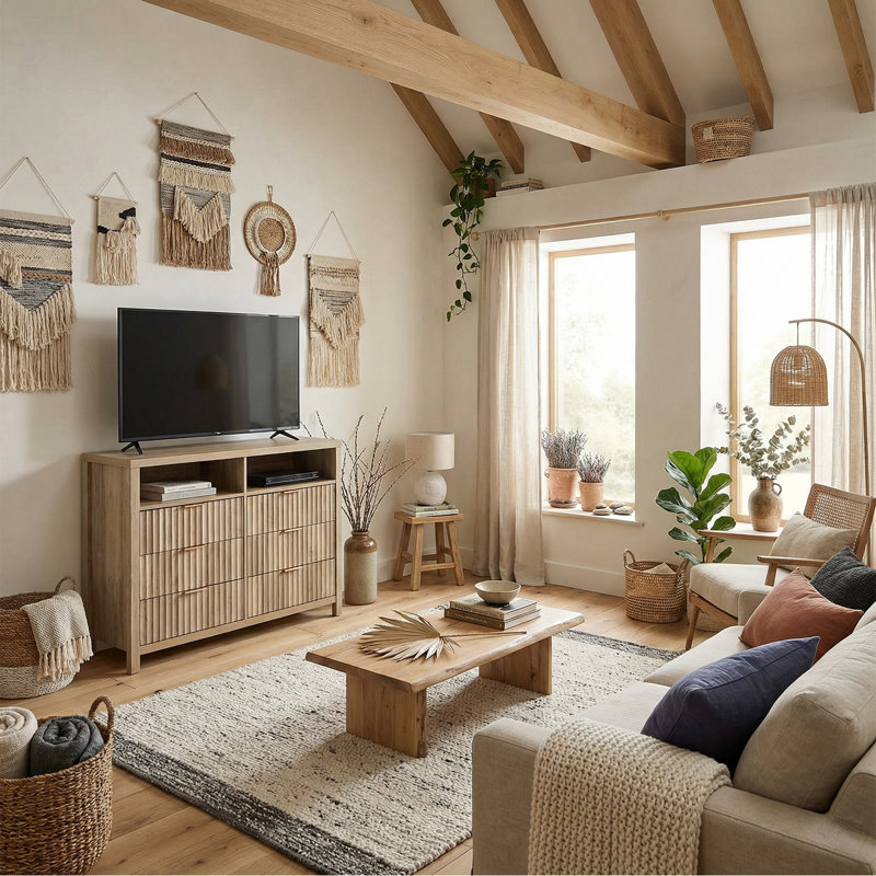 Commode 6 tiroirs avec tablette média Arrilla, Chêne sablé