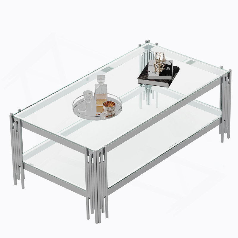 Top and Bottom Double Layer Tempered Glass Coffee Table and Mirror Finished Stainless Steel Frame, Transparent, Gold
