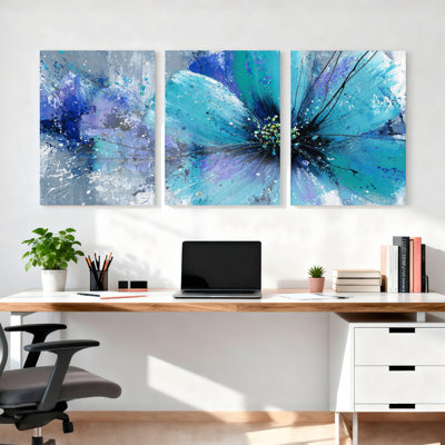 Tableau abstrait de fleurs bleues sur toile tendue