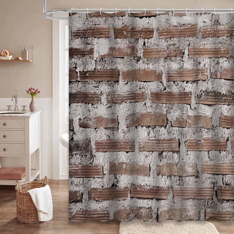 Brick Wall Old Vintage Rustic Abstract Antique Architecture Black with 12 Hooks, 72" L x 78" W