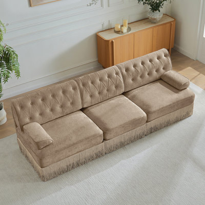 Convient aux animaux de compagnie à 3 places, tissu en velours, jupe à franges à franges sur le plancher, conception capitonnée à boutons, base en bois de qualité supérieure, conception ergonomique, combinaison libre, pour les aires de repos des chambres à coucher, chameau