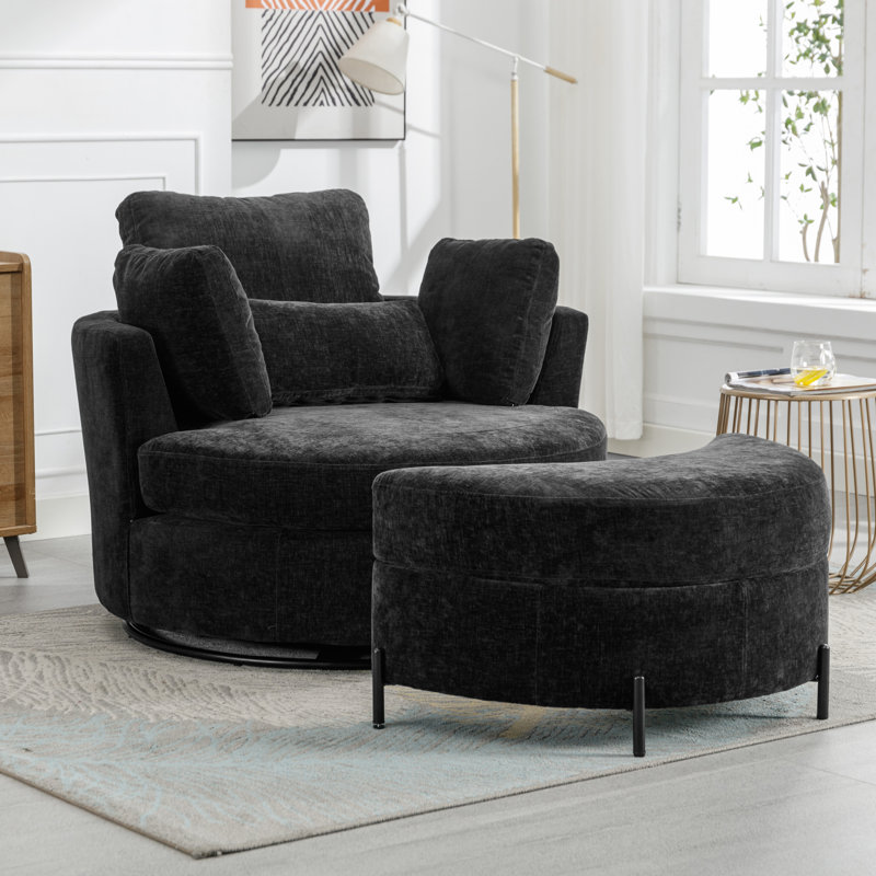 Kenmari 42.3" W Slipcovered Swivel Barrel Chair and Ottoman, Black Chenille