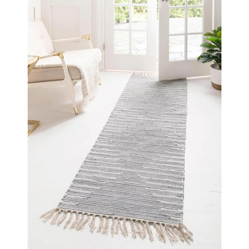 Tapis gris / blanc en coton tissé à plat à la main Justice, Tapis de couloir 2 pi 11 po x 16 pi 1 po