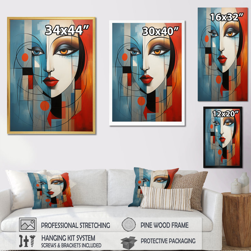 Inzillo Cubism, portrait géométrique sur toile V, H 20 po x l 12 po x P 1 po, Cadre photo noir