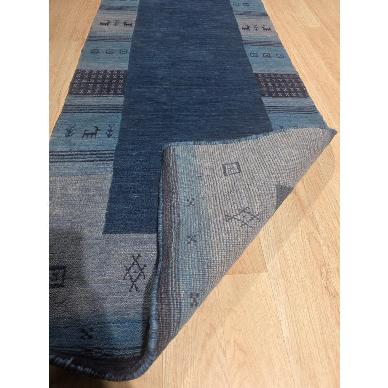 Handloomed Blue Gabbeh Tribal Wool Area Rug, 2' x 8'