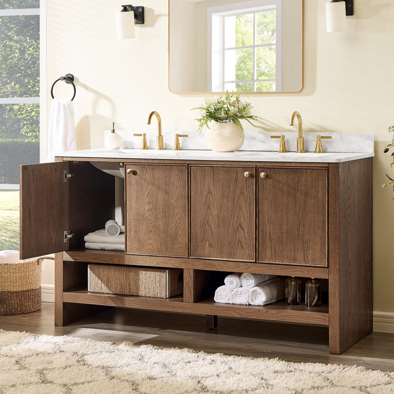 Double salle de bain en bois 63 po avec plateau en marbre blanc d'ingénierie Hernest