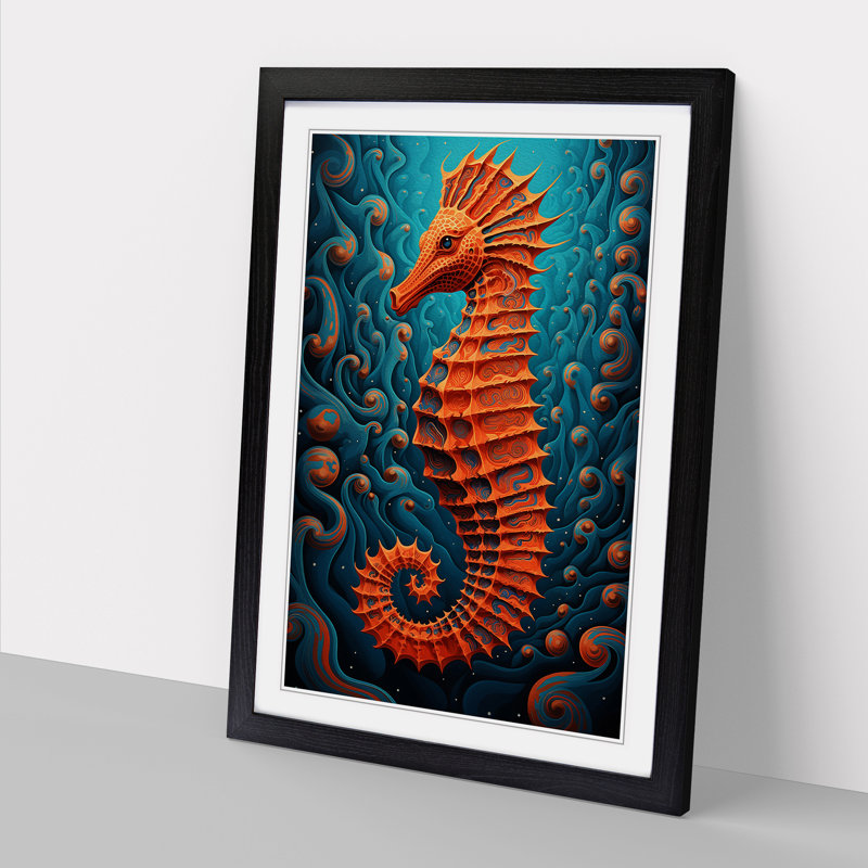 Seahorse Op - Single Picture Frame Print on Wood, Black, 34cm H x 25cm W x 2cm D