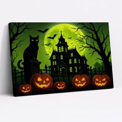 Spooky Haunted House With Pumpkins And Black Cat Halloween Canvas Wall Art