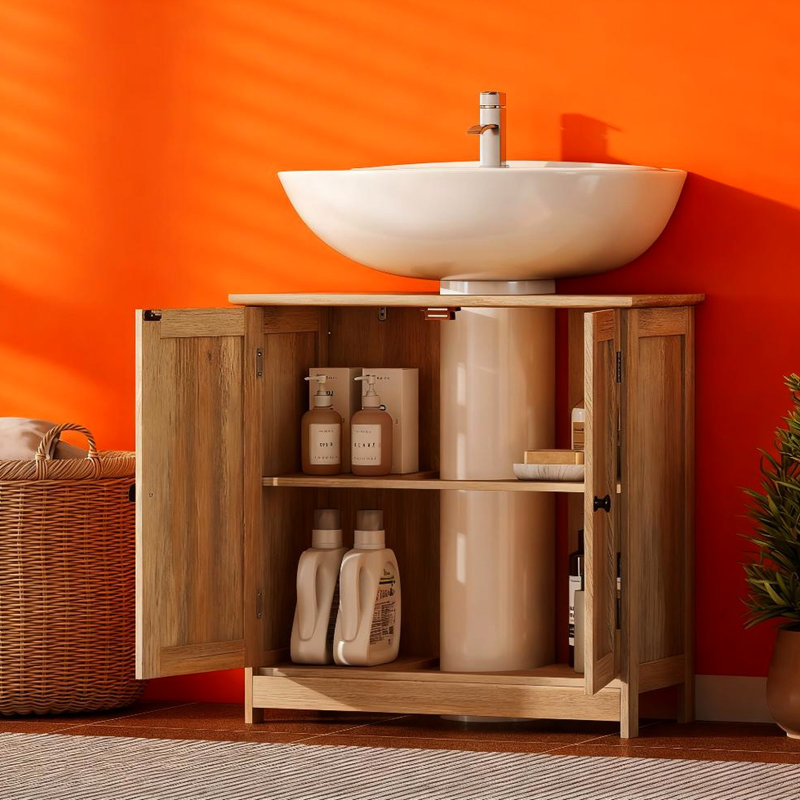 Meuble-lavabo sous-lavabo avec double porte et tablette réglable en chêne gris vieilli pour le nettoyage des fournitures de rangement