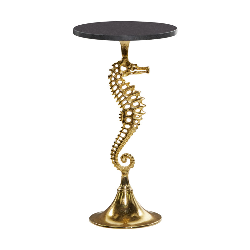 Aluminum Metal Seahorse Side Table with Hornblow Black Marble Top, H 25 po x l 13 po