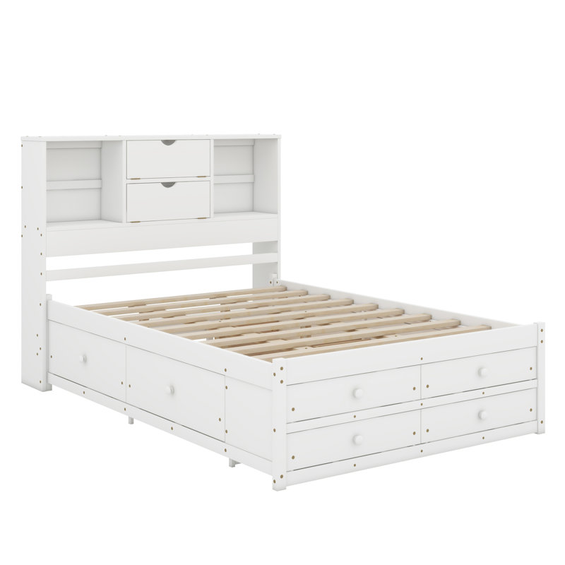 Platform Bed with Storage Headboard And 8 Drawers, Queen, White