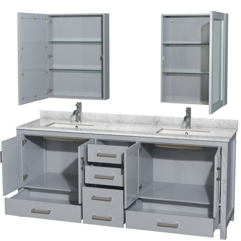 Sheffield 72" Double Bathroom Vanity Set with Mirror, White, White Carrara Marble, 80" W