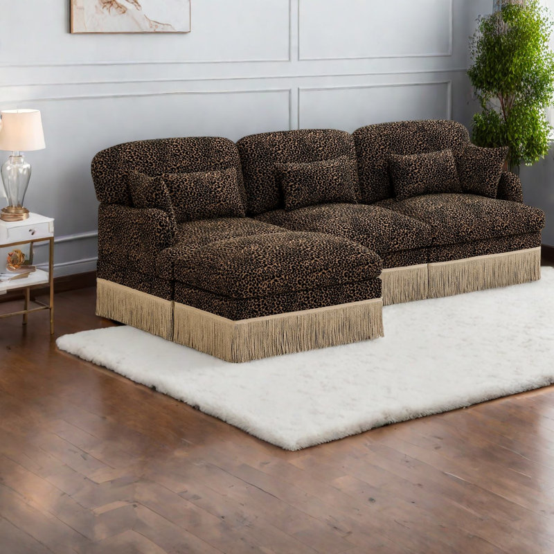 Modern Sofas, 100 Inch Chenille Leopard L Shape, Movable Ottoman For Home