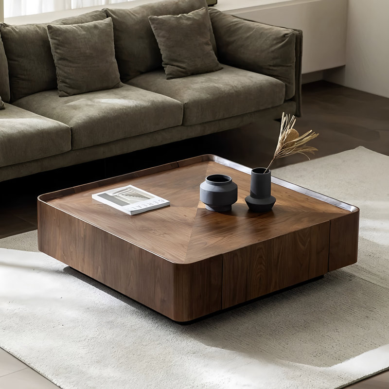 High-End Square Walnut Coffee Table with Hidden Storage and Metal Base, Pre-Assembled