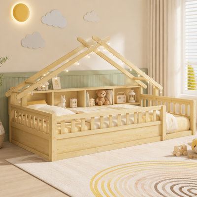 Lit sur pied avec lumière, lit en bois avec étagères de rangement, lit sur pied avec forme de toit pour la chambre à coucher